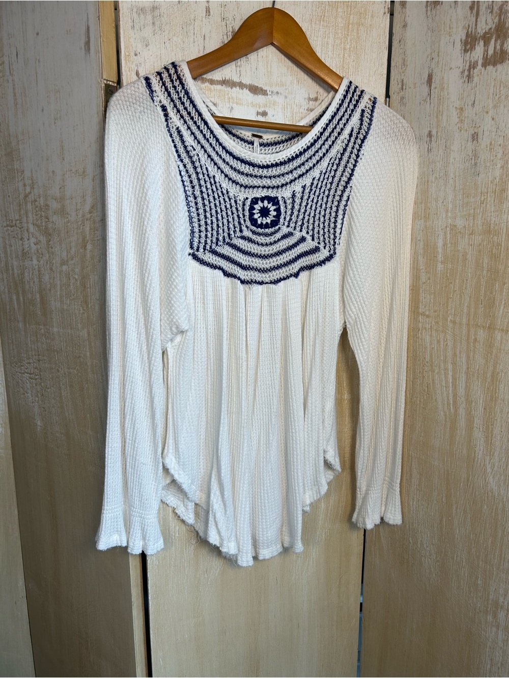 Free People White Knit Tunic with Navy Crochet Yoke